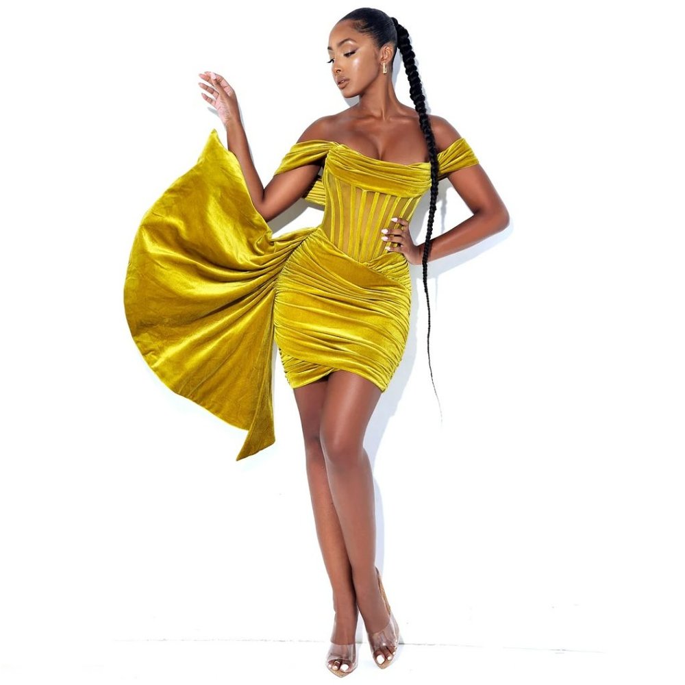 Irisa Gold Draping Off Shoulder Corset Dress Sz M